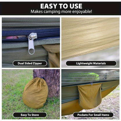 2025 Upgraded Double Layer Camping Hammock. 210D Nylon Mesh Camping Hammock. Sunscreen And Insect Repellent Double Zipper Design. Portable Outdoor Gear With Carabiner. Load Capacity 500lbs
