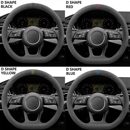 Car Steering Wheel Covers Cowhide Suede Steering Wheel Cover Wrap Universal 37-38cm Breathable Steering Covers Car Accessories