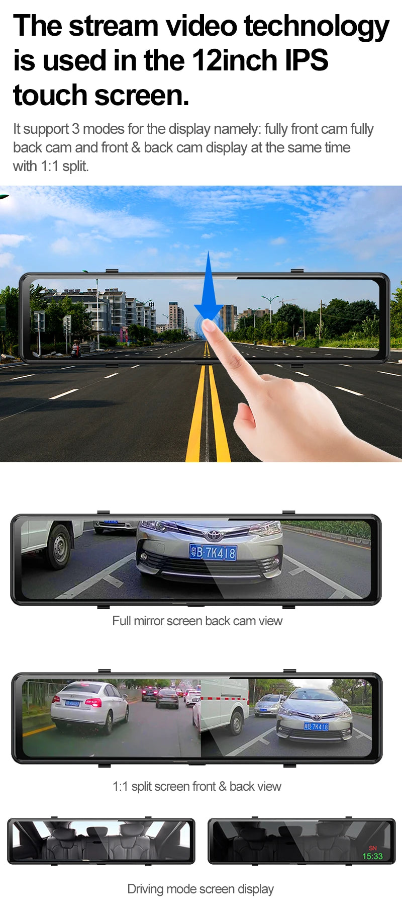 4K Car Video Recorder 12'' Rearview Mirror Car Dvr Sony IMX415 Ultra HD 3840*2160P Dash Cam With GPS Night Vision Reverse Camera