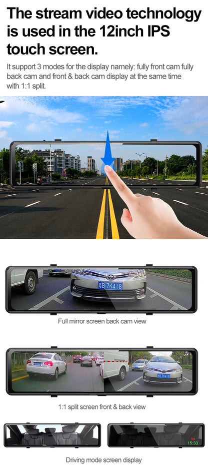 4K Car Video Recorder 12'' Rearview Mirror Car Dvr Sony IMX415 Ultra HD 3840*2160P Dash Cam With GPS Night Vision Reverse Camera
