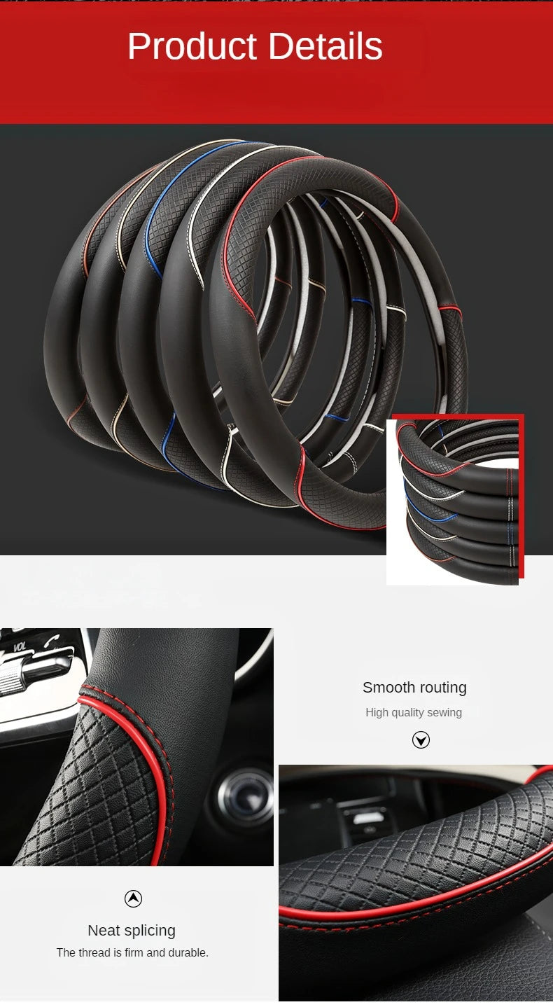 All Seasons Leather Diamond Steering Wheel Cover Universal Fit for 14 .5-15 Inch Durable Leather Cover Anti-Slip Veins Design