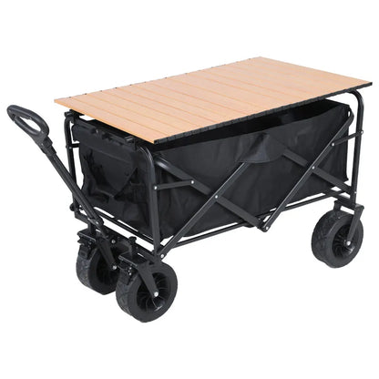 Collapsible Folding Utility Beach Wagon Cart. Heavy Duty, Large Capacity Fold Wagon Outdoor Trolley and Portable Camping Cart Table