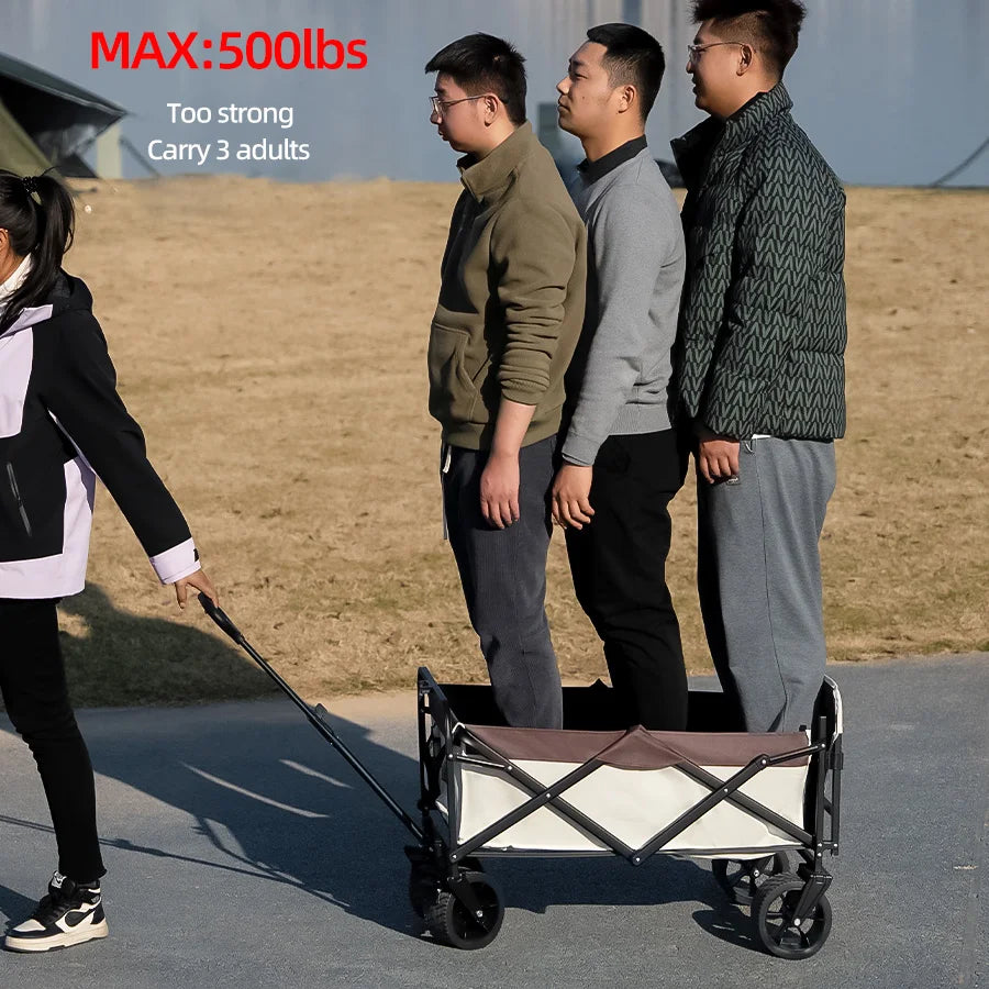 Collapsible Folding Utility Beach Wagon Cart. Heavy Duty, Large Capacity Fold Wagon Outdoor Trolley and Portable Camping Cart Table