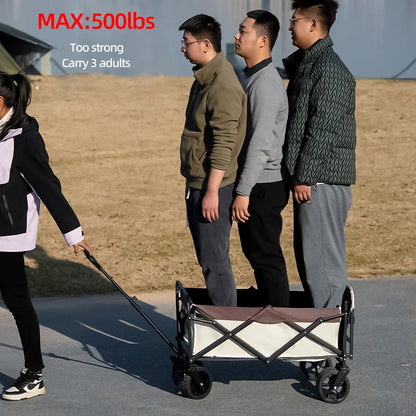 Collapsible Folding Utility Beach Wagon Cart. Heavy Duty, Large Capacity Fold Wagon Outdoor Trolley and Portable Camping Cart Table