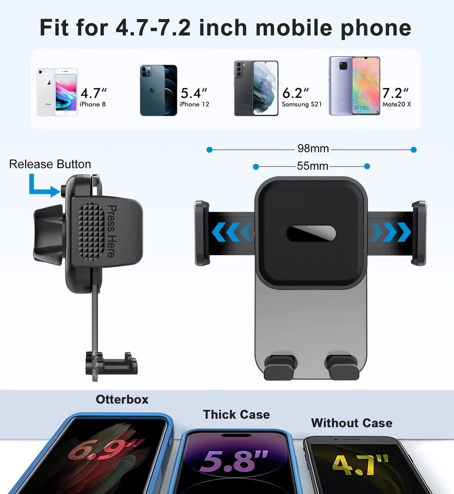 Car Phone Holder for Dashboard Windshield Acrylic Cellphone Mount Clip Support Stand for 4.7-7" Mobile Phone, Auto Accessories