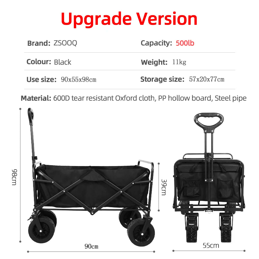 Collapsible Folding Utility Beach Wagon Cart. Heavy Duty, Large Capacity Fold Wagon Outdoor Trolley and Portable Camping Cart Table