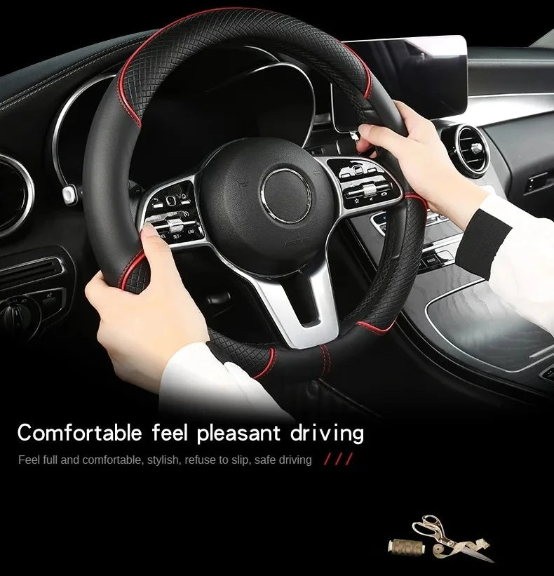 All Seasons Leather Diamond Steering Wheel Cover Universal Fit for 14 .5-15 Inch Durable Leather Cover Anti-Slip Veins Design