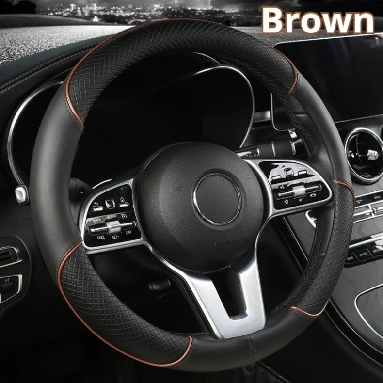 All Seasons Leather Diamond Steering Wheel Cover Universal Fit for 14 .5-15 Inch Durable Leather Cover Anti-Slip Veins Design