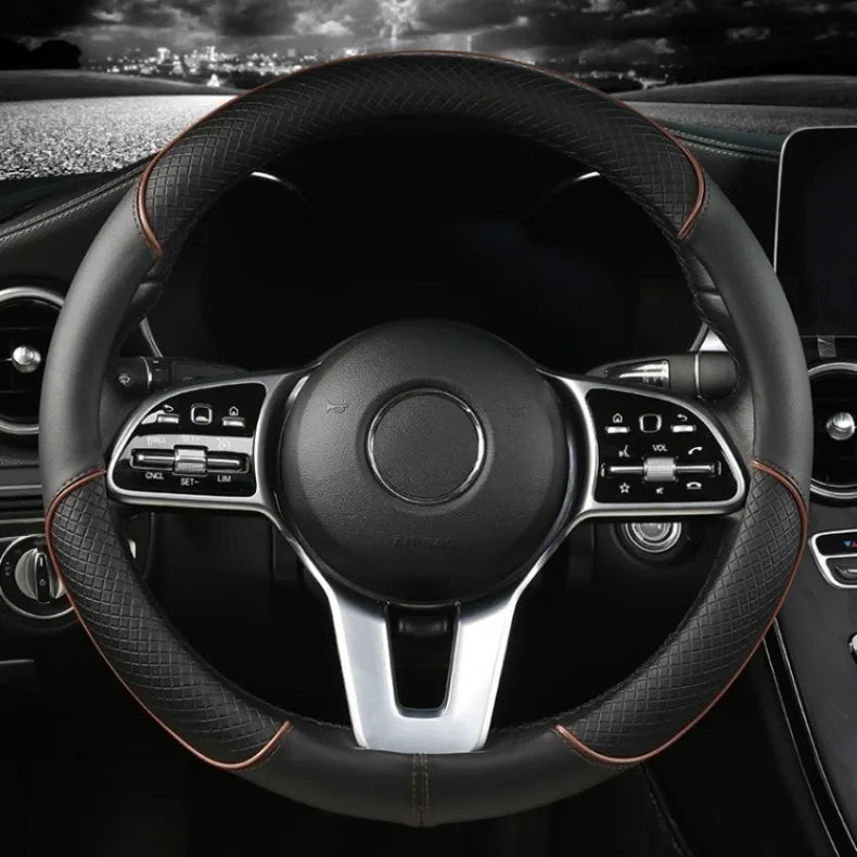 All Seasons Leather Diamond Steering Wheel Cover Universal Fit for 14 .5-15 Inch Durable Leather Cover Anti-Slip Veins Design