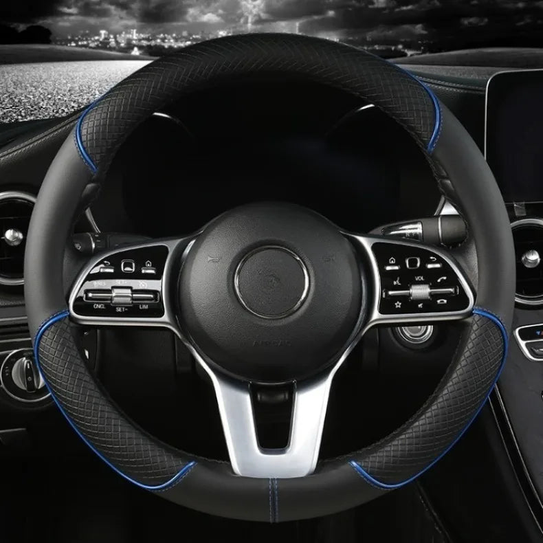 All Seasons Leather Diamond Steering Wheel Cover Universal Fit for 14 .5-15 Inch Durable Leather Cover Anti-Slip Veins Design
