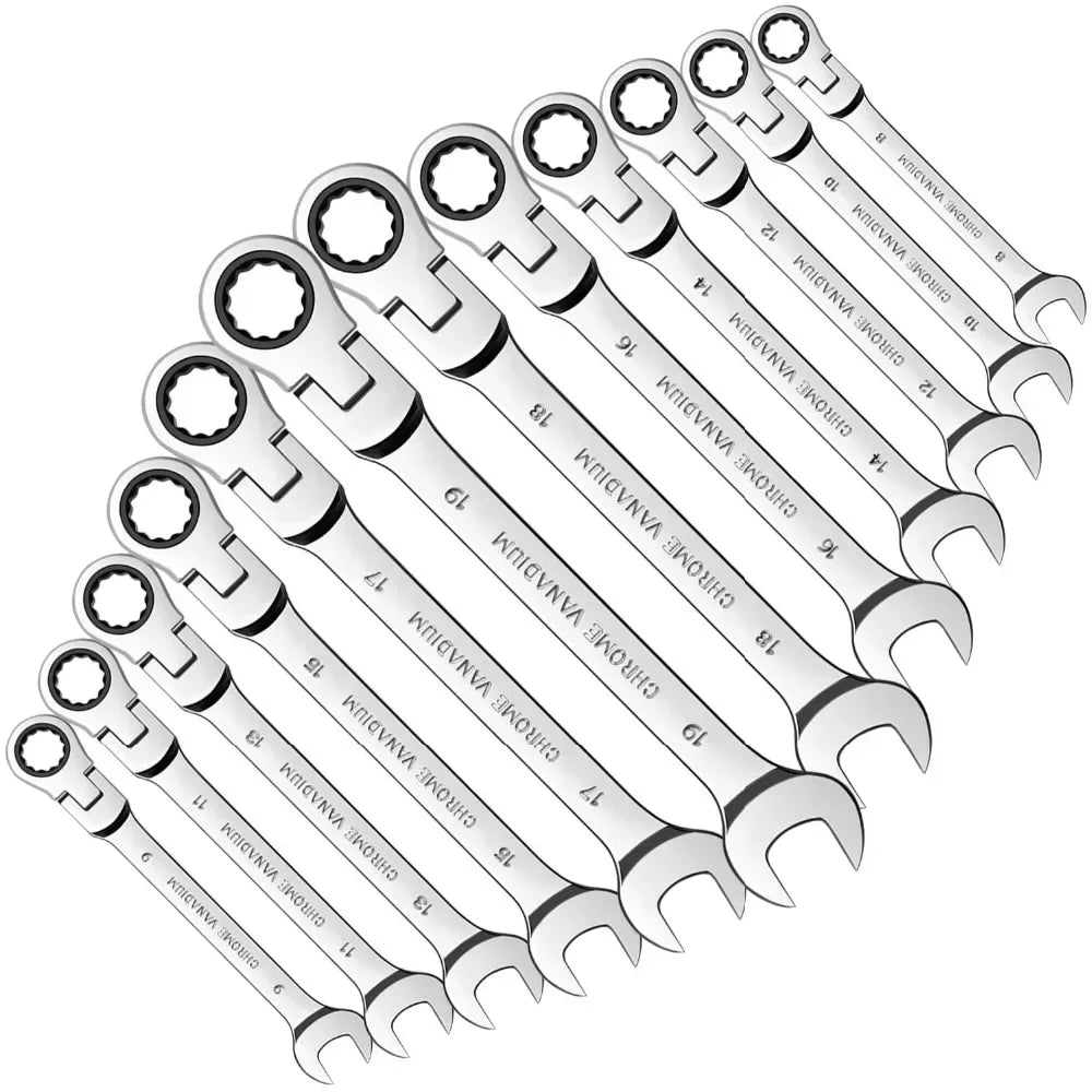 Car Flex Head Ratcheting Wrench Set- 8-17mm Metric Ratchet Combination Wrenches CrV Gear Spanner Ratchet Wrench Set Tools amagi