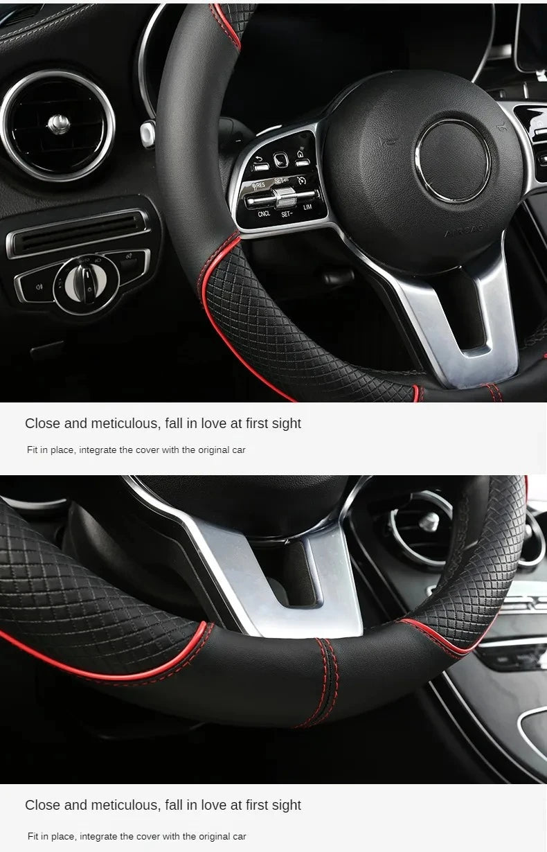 All Seasons Leather Diamond Steering Wheel Cover Universal Fit for 14 .5-15 Inch Durable Leather Cover Anti-Slip Veins Design