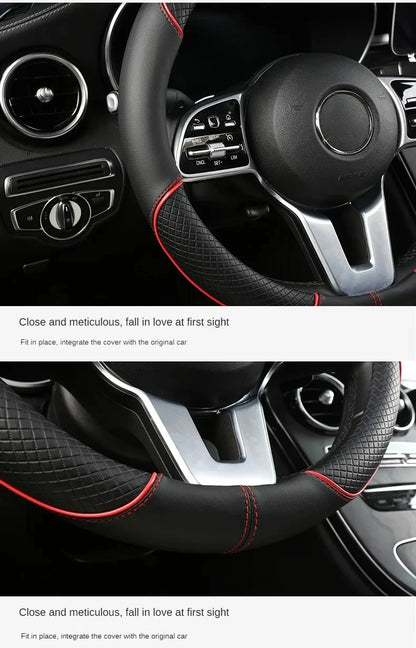 All Seasons Leather Diamond Steering Wheel Cover Universal Fit for 14 .5-15 Inch Durable Leather Cover Anti-Slip Veins Design