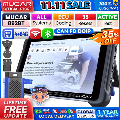 MUCAR 892BT Free AI CANFD DoIP Car Diagnostic Tools All System Auto Scan Tool ECU Coding Bi-Directional OBD2 Scanner 35 Resets