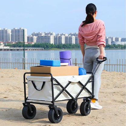 Collapsible Folding Utility Beach Wagon Cart. Heavy Duty, Large Capacity Fold Wagon Outdoor Trolley and Portable Camping Cart Table