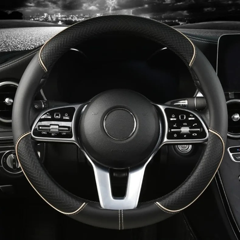 All Seasons Leather Diamond Steering Wheel Cover Universal Fit for 14 .5-15 Inch Durable Leather Cover Anti-Slip Veins Design