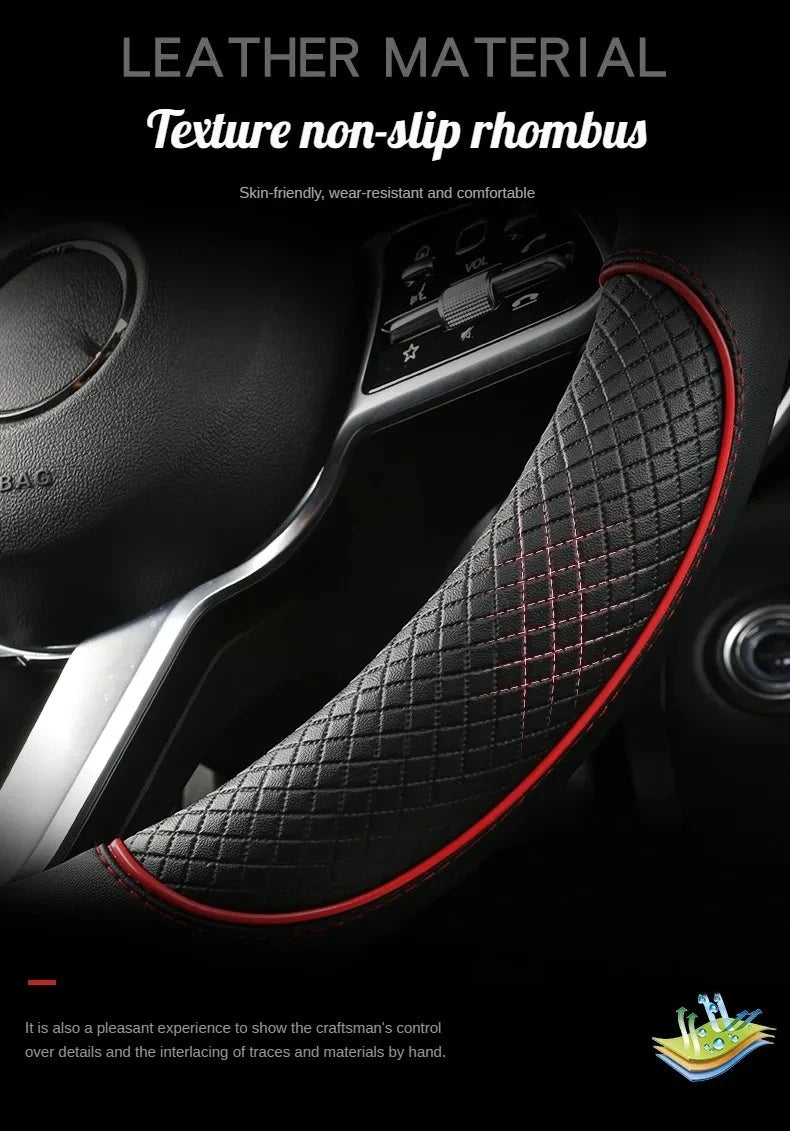 All Seasons Leather Diamond Steering Wheel Cover Universal Fit for 14 .5-15 Inch Durable Leather Cover Anti-Slip Veins Design