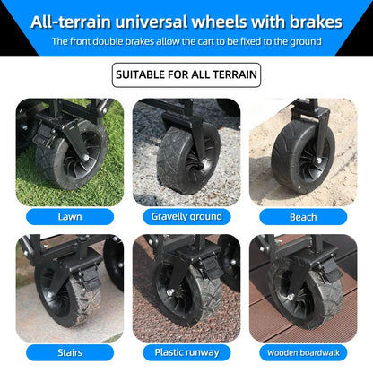 Collapsible Folding Utility Beach Wagon Cart. Heavy Duty, Large Capacity Fold Wagon Outdoor Trolley and Portable Camping Cart Table