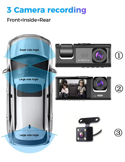 Dash Cam W/ IR Night Vision Loop Recording & 2" IPS Screen 1080P 3 Camera ， DVR recorder, video recorder, Vehicle DVR
