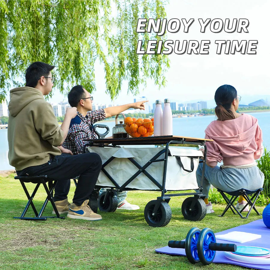 Collapsible Folding Utility Beach Wagon Cart. Heavy Duty, Large Capacity Fold Wagon Outdoor Trolley and Portable Camping Cart Table