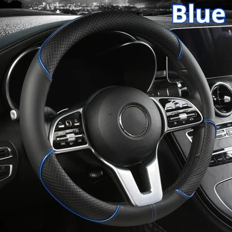 All Seasons Leather Diamond Steering Wheel Cover Universal Fit for 14 .5-15 Inch Durable Leather Cover Anti-Slip Veins Design