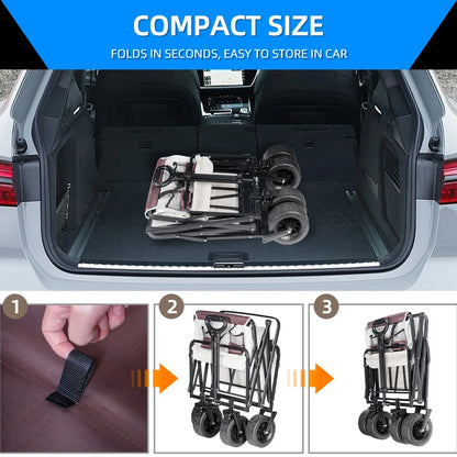 Collapsible Folding Utility Beach Wagon Cart. Heavy Duty, Large Capacity Fold Wagon Outdoor Trolley and Portable Camping Cart Table