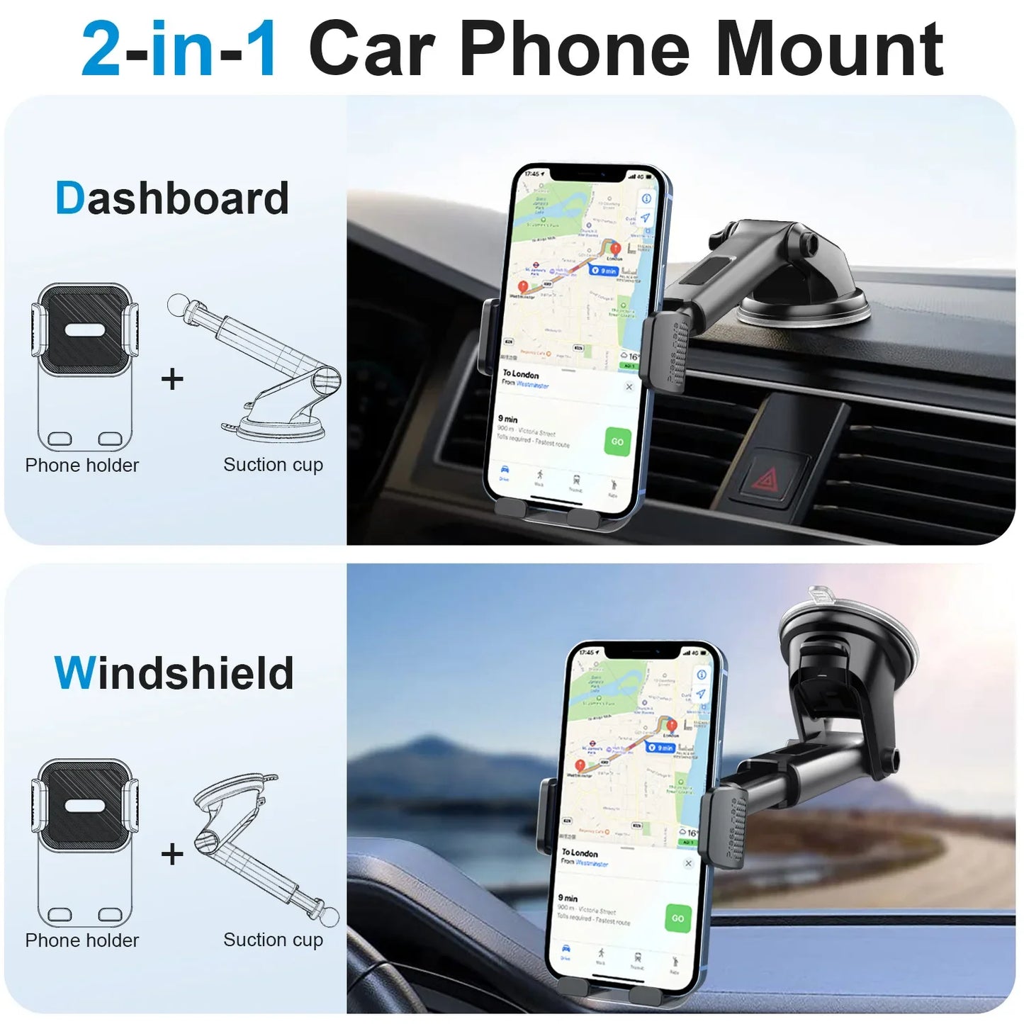 Car Phone Holder for Dashboard Windshield Acrylic Cellphone Mount Clip Support Stand for 4.7-7" Mobile Phone, Auto Accessories