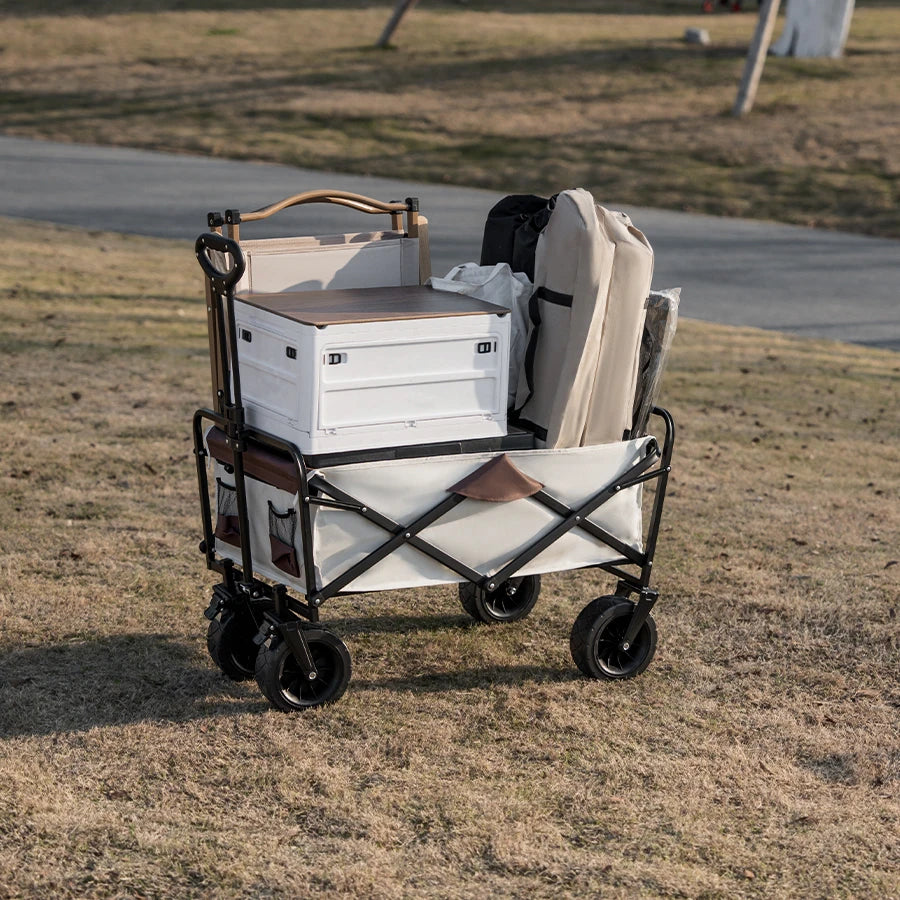Collapsible Folding Utility Beach Wagon Cart. Heavy Duty, Large Capacity Fold Wagon Outdoor Trolley and Portable Camping Cart Table