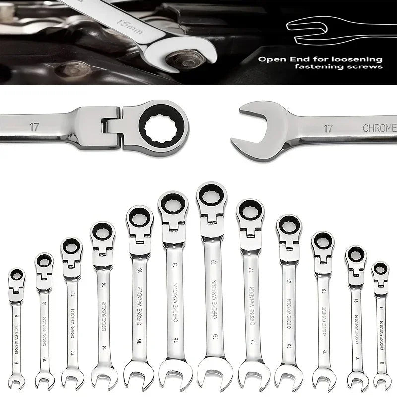 Car Flex Head Ratcheting Wrench Set- 8-17mm Metric Ratchet Combination Wrenches CrV Gear Spanner Ratchet Wrench Set Tools amagi