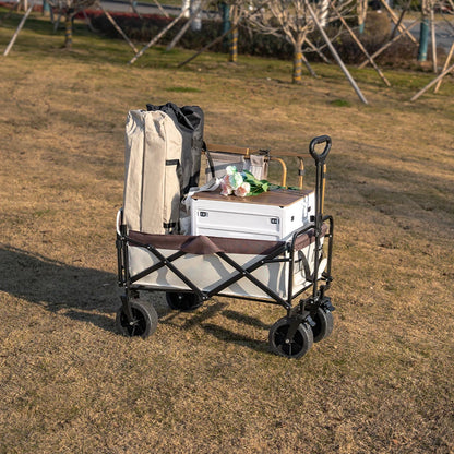 Collapsible Folding Utility Beach Wagon Cart. Heavy Duty, Large Capacity Fold Wagon Outdoor Trolley and Portable Camping Cart Table