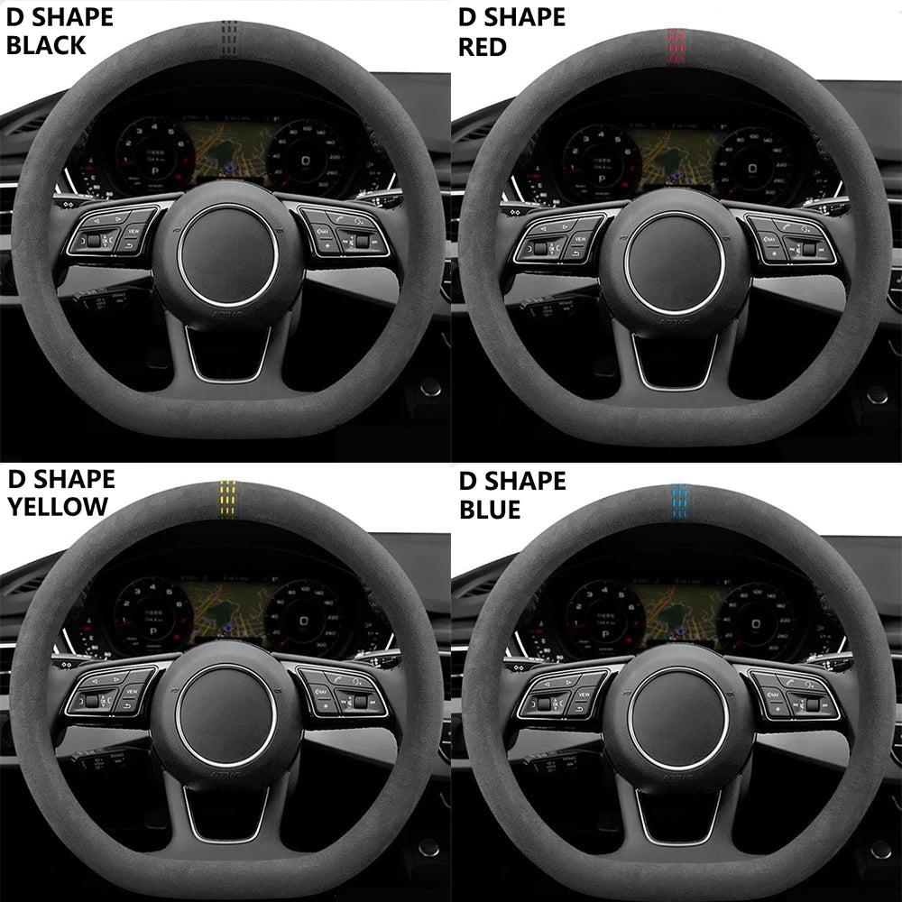 Car Steering Wheel Covers Cowhide Suede Steering Wheel Cover Wrap Universal 37-38cm Breathable Steering Covers Car Accessories