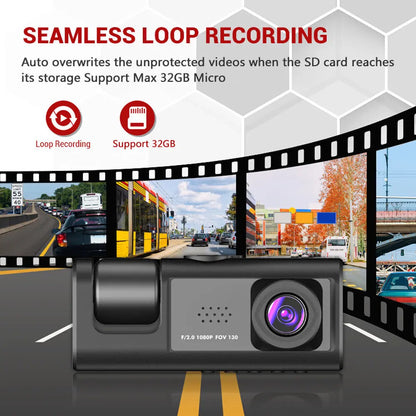 Dash Cam W/ IR Night Vision Loop Recording & 2" IPS Screen 1080P 3 Camera ， DVR recorder, video recorder, Vehicle DVR