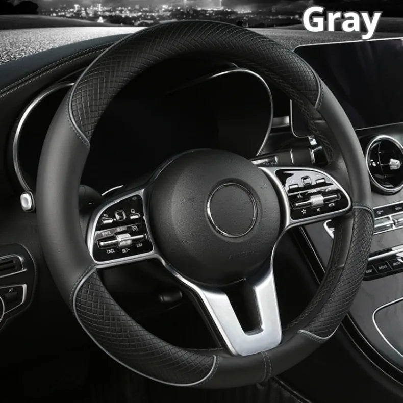 All Seasons Leather Diamond Steering Wheel Cover Universal Fit for 14 .5-15 Inch Durable Leather Cover Anti-Slip Veins Design