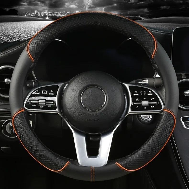 All Seasons Leather Diamond Steering Wheel Cover Universal Fit for 14 .5-15 Inch Durable Leather Cover Anti-Slip Veins Design