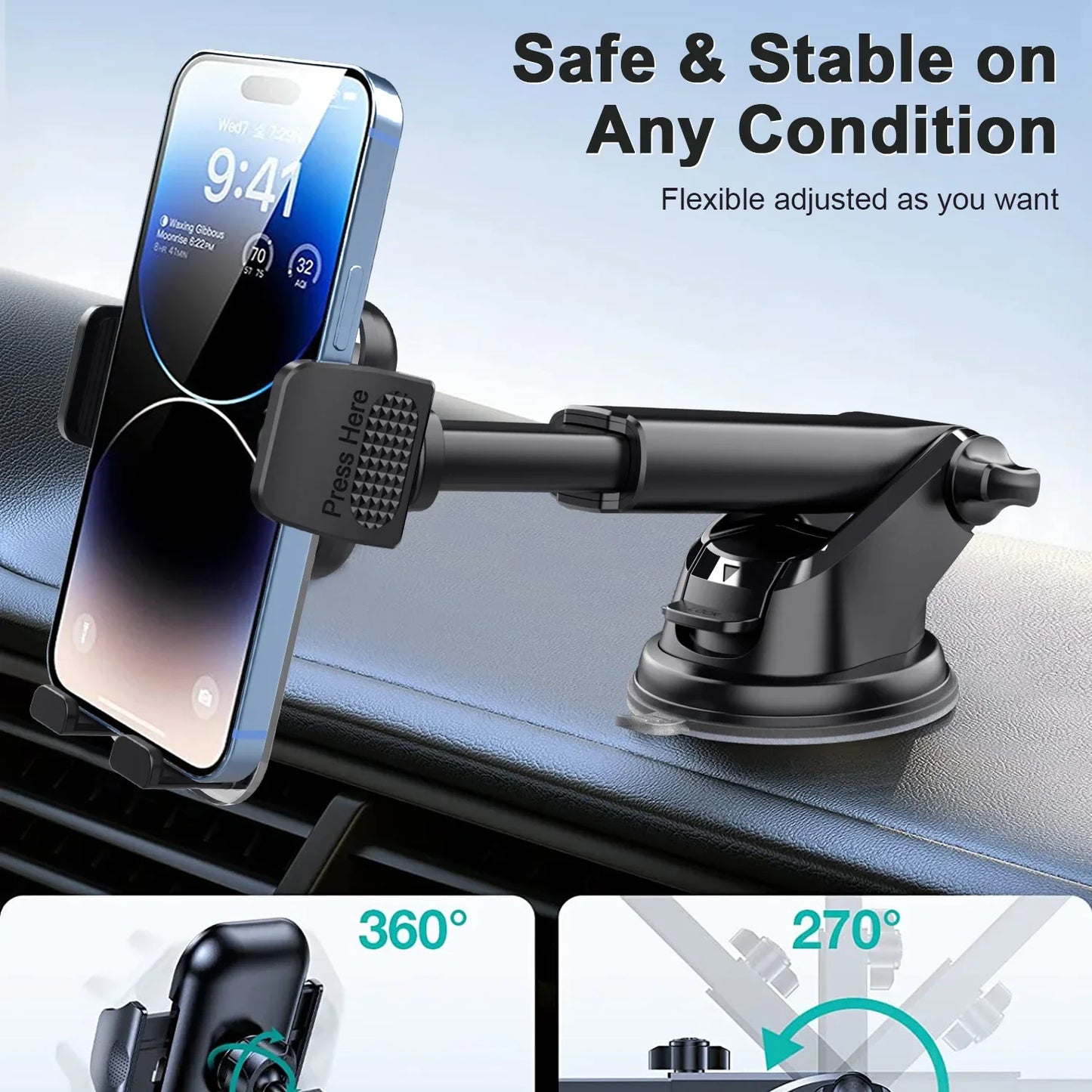 Car Phone Holder for Dashboard Windshield Acrylic Cellphone Mount Clip Support Stand for 4.7-7" Mobile Phone, Auto Accessories