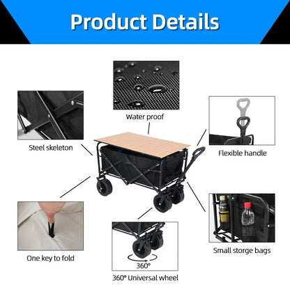 Collapsible Folding Utility Beach Wagon Cart. Heavy Duty, Large Capacity Fold Wagon Outdoor Trolley and Portable Camping Cart Table