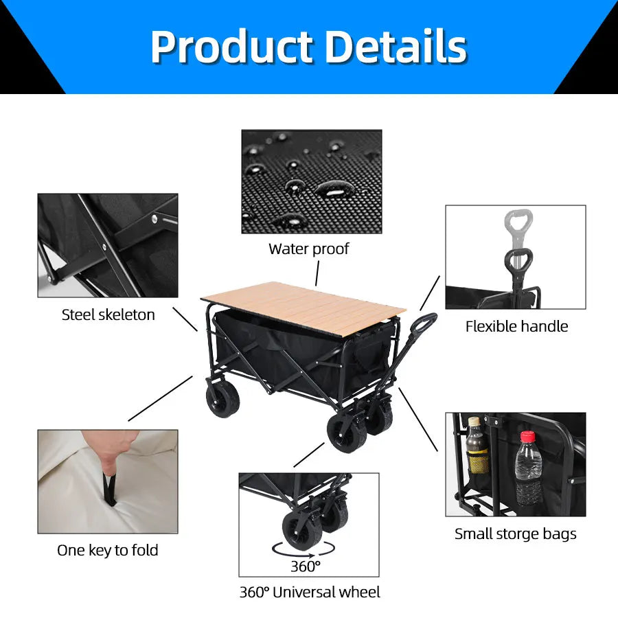 Collapsible Folding Utility Beach Wagon Cart. Heavy Duty, Large Capacity Fold Wagon Outdoor Trolley and Portable Camping Cart Table