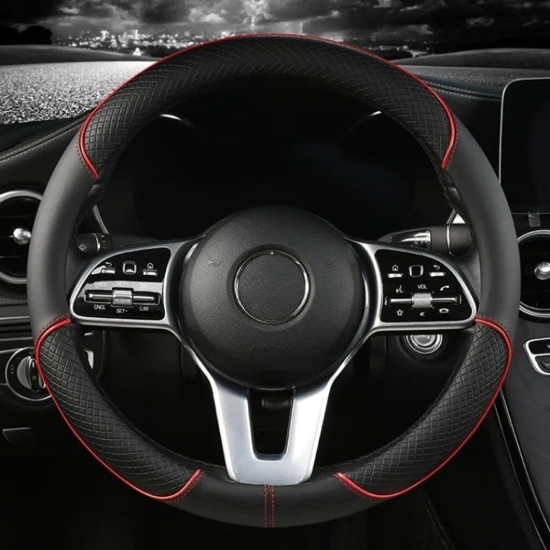 All Seasons Leather Diamond Steering Wheel Cover Universal Fit for 14 .5-15 Inch Durable Leather Cover Anti-Slip Veins Design